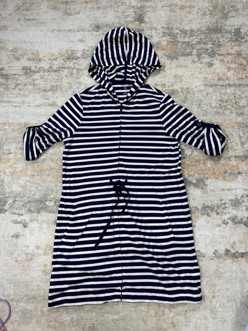 Lands’ End Women’s XS Navy Stripe Hooded Swim Cover-Up Cotton Dress